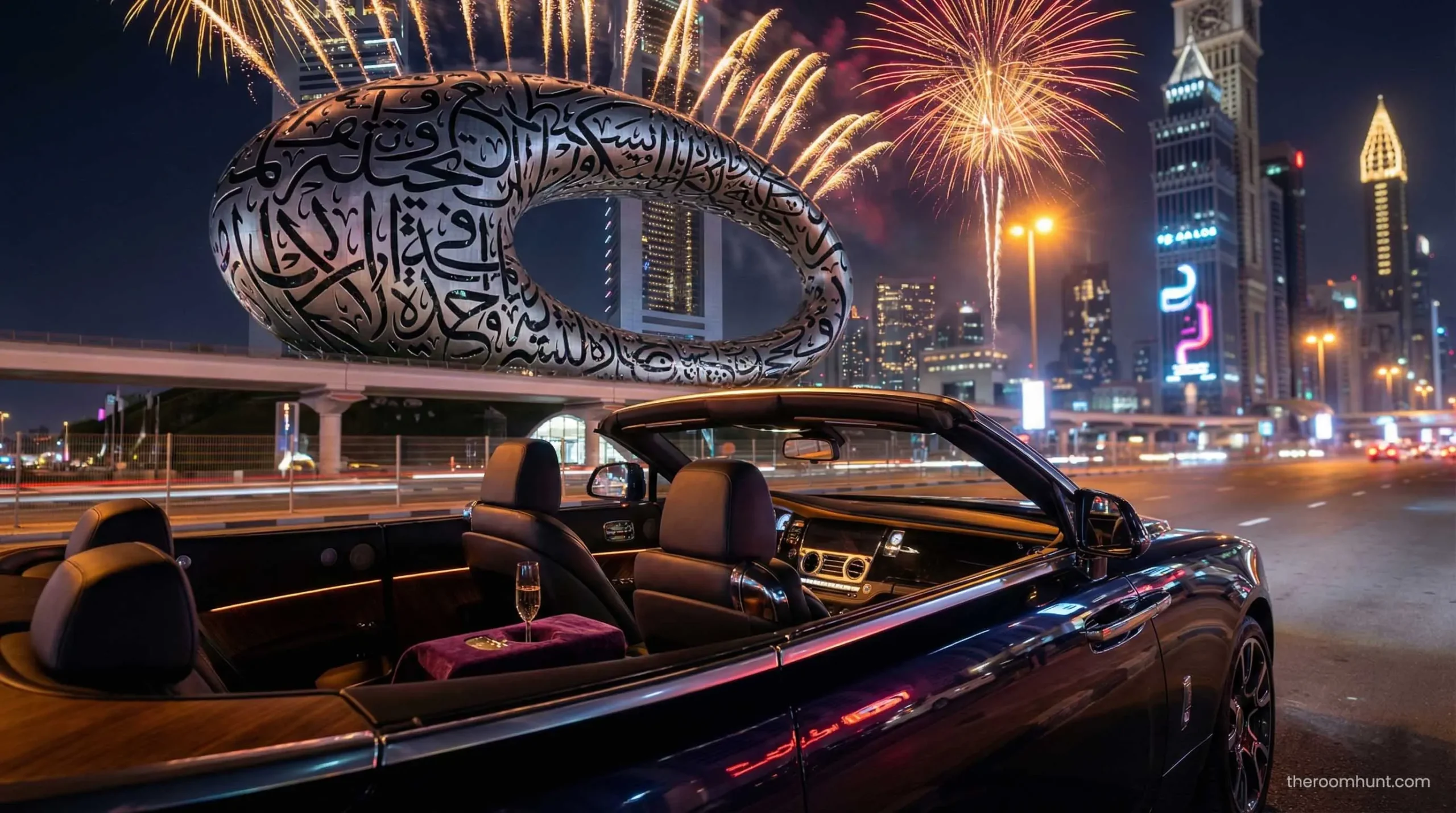 Luxury convertible rental car driving in Dubai near Museum of the Future.