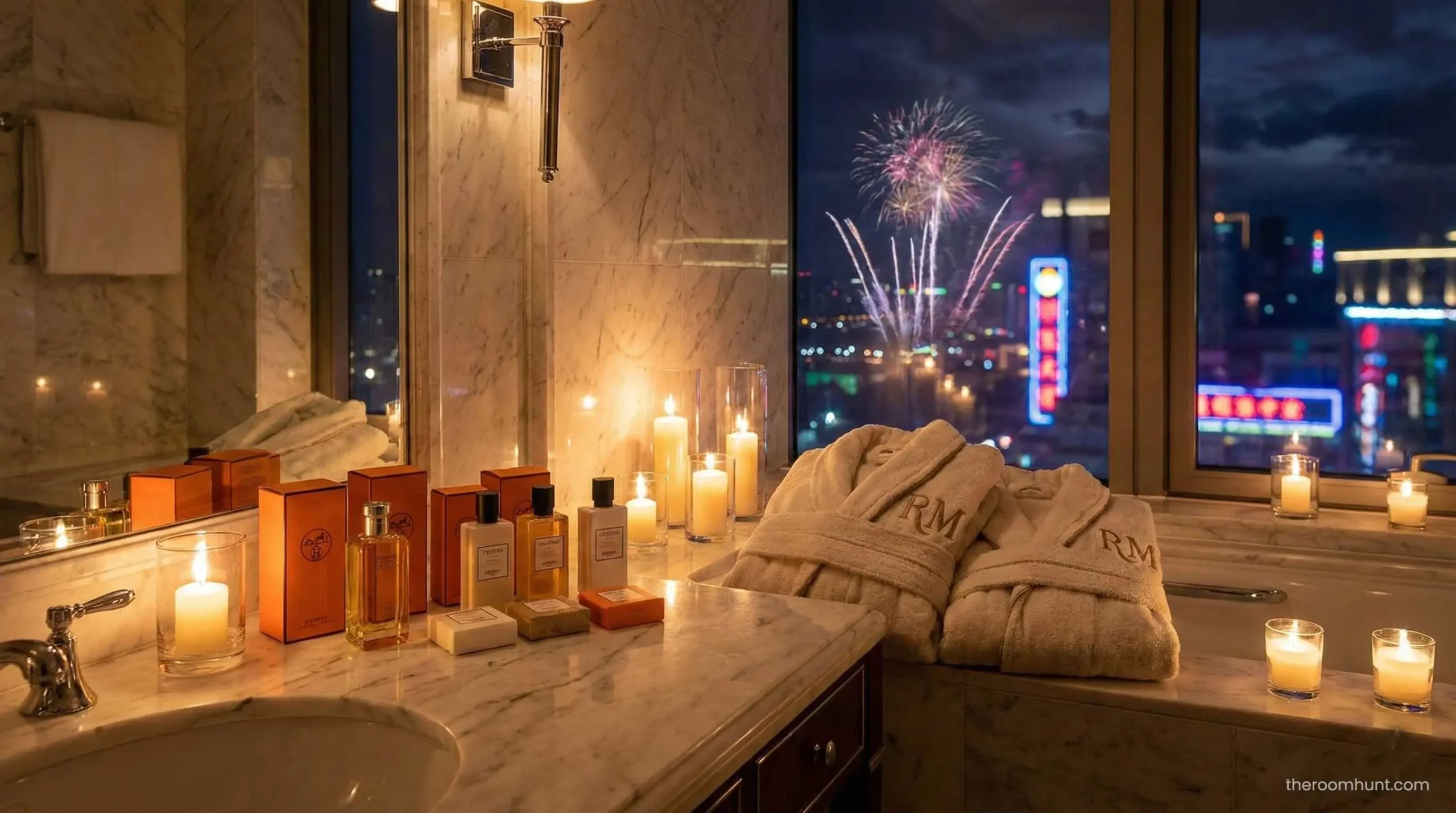 Hermes amenities and luxury bathrobes in the Royal Mansion bathroom at Atlantis The Royal.