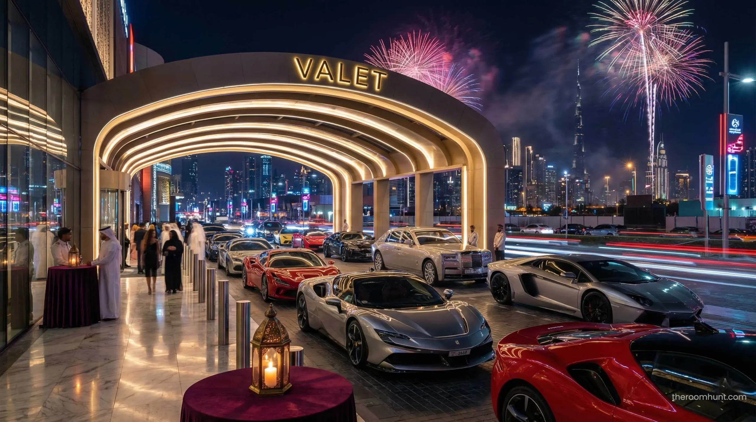 VIP valet parking at a luxury Dubai mall featuring supercars.
