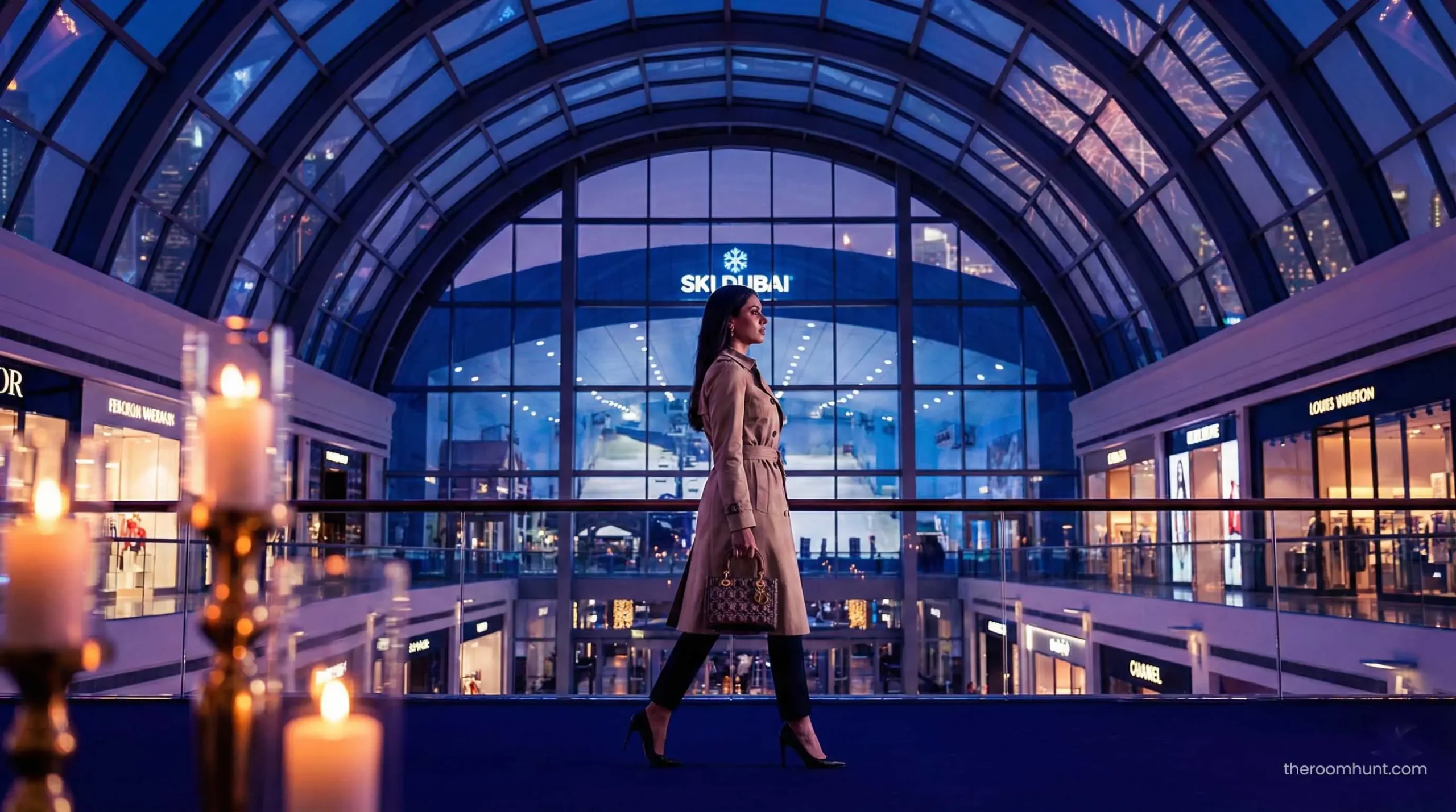 Shopper in the Fashion Dome at Mall of the Emirates with view of Ski Dubai slopes.