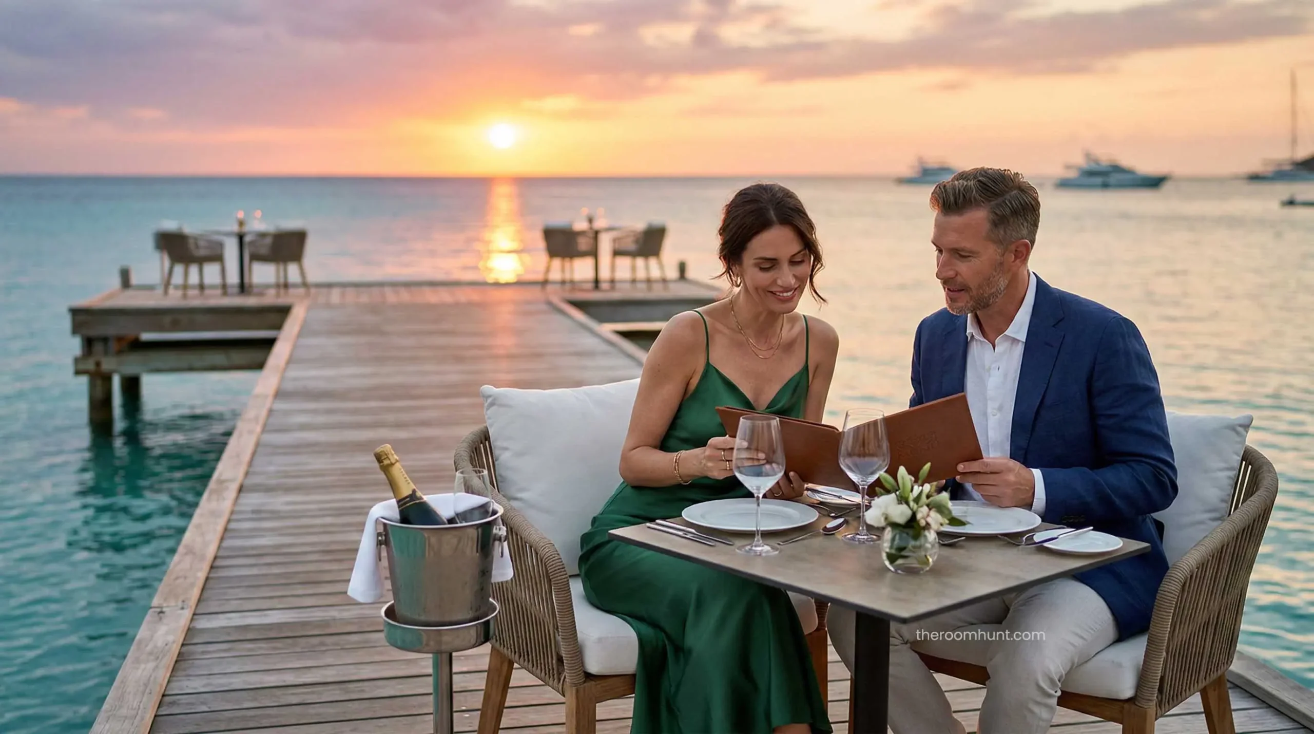 A couple enjoying a VIP sunset table booking at Pierchic, highlighting the best dining hacks in Dubai.