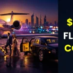 A stylish couple walking down the stairs of a private jet at Dubai VIP terminal with a luxury car waiting.