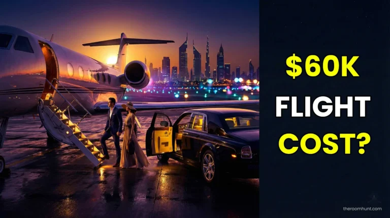 A stylish couple walking down the stairs of a private jet at Dubai VIP terminal with a luxury car waiting.