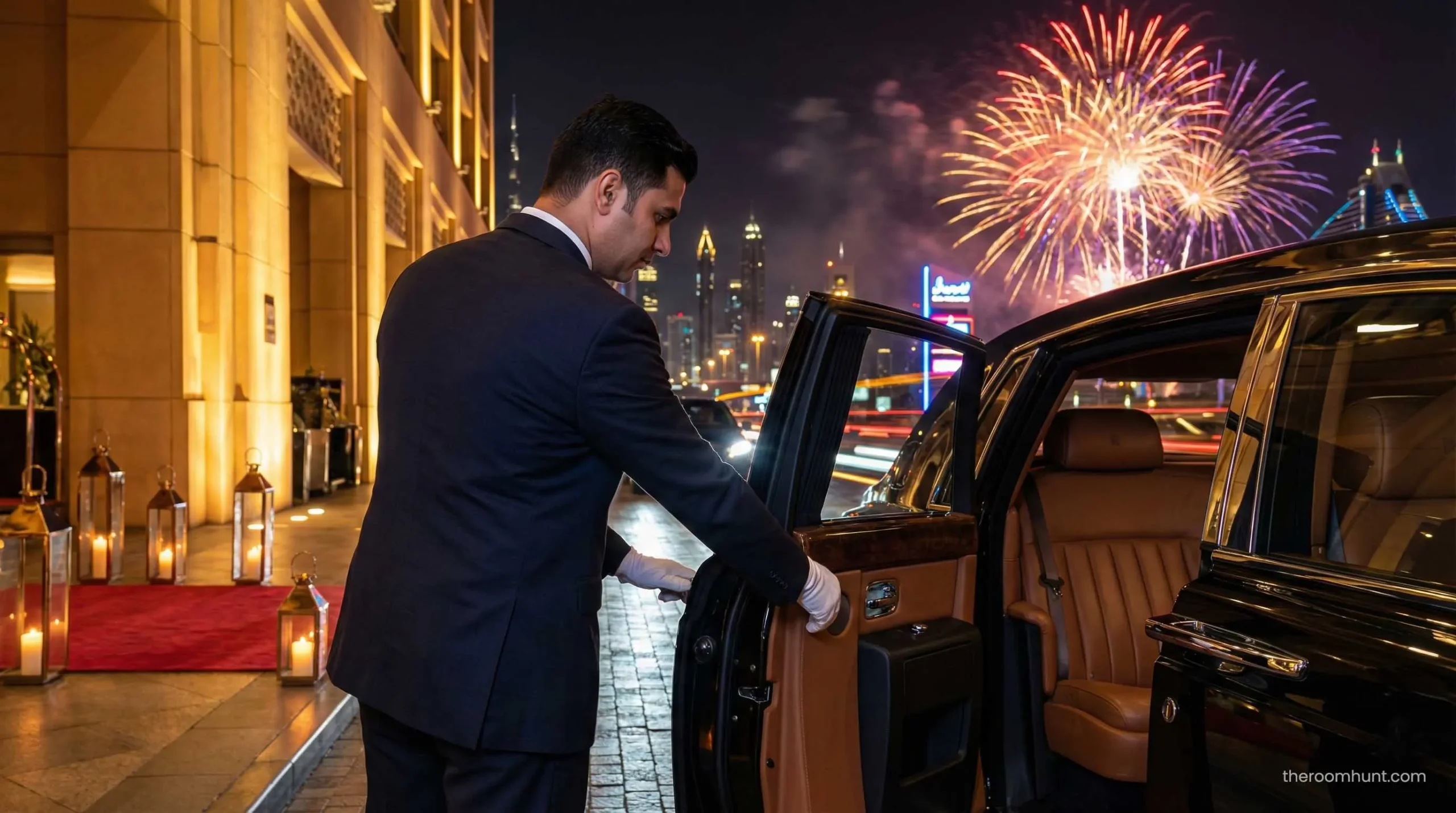 Professional chauffeur opening the door of a luxury Rolls-Royce Phantom in Dubai.