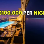 The stunning exterior terrace and private pool of the Royal Mansion at Atlantis The Royal with a view of the Dubai skyline.