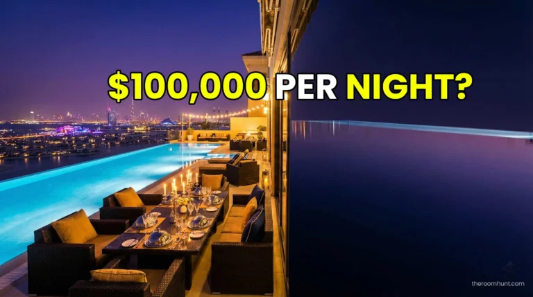 The stunning exterior terrace and private pool of the Royal Mansion at Atlantis The Royal with a view of the Dubai skyline.