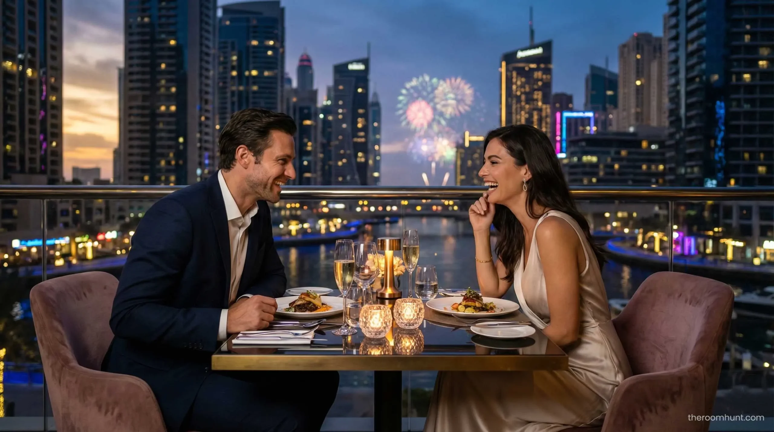 Couple enjoying a smart luxury dining experience in Dubai Marina at sunset.