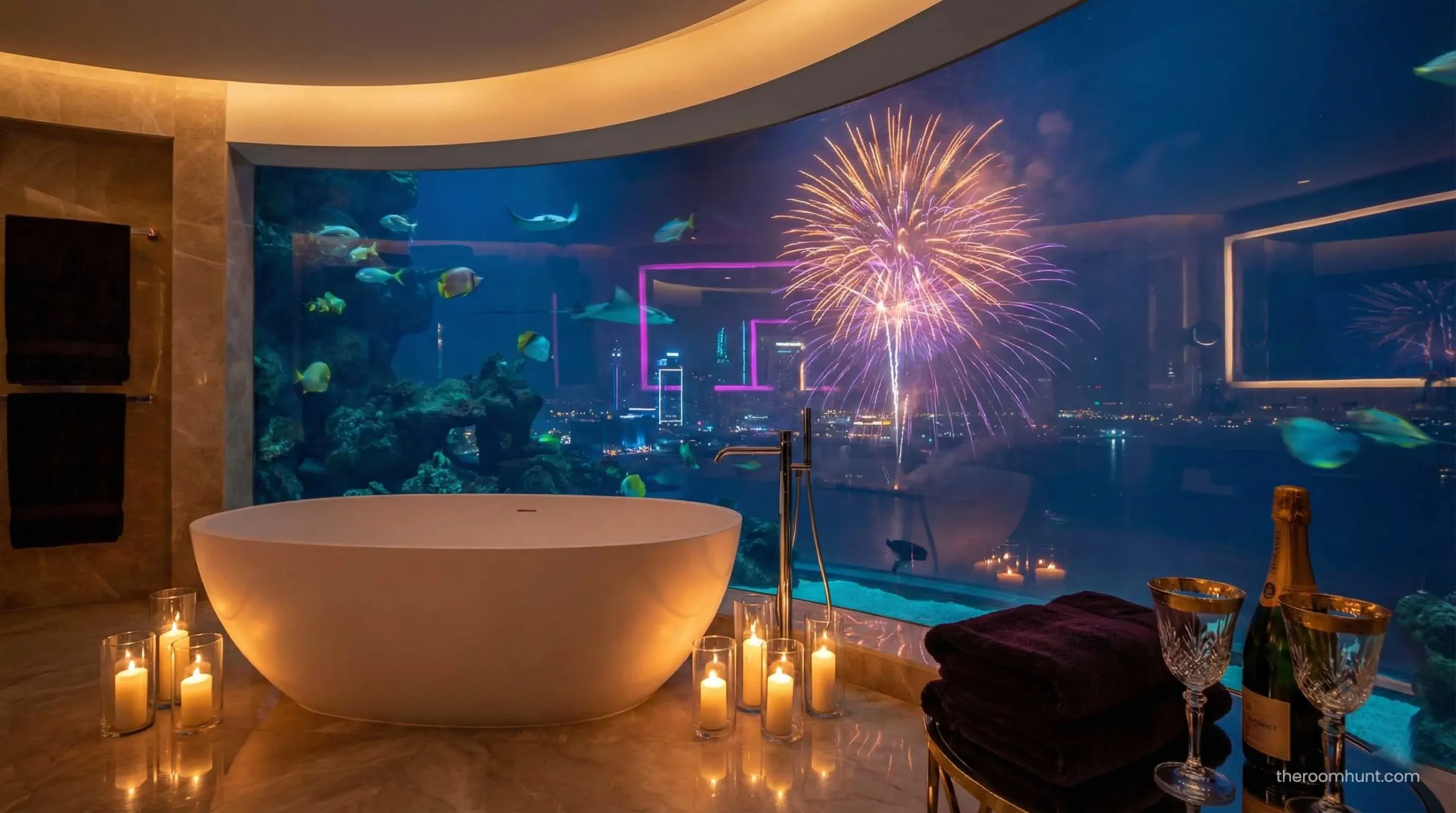 Luxury bathtub with aquarium view in the Underwater Suite at Atlantis The Palm.