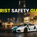 A luxury Dubai Police supercar parked near the Burj Khalifa, highlighting the exceptional safety and emergency contacts for tourists.