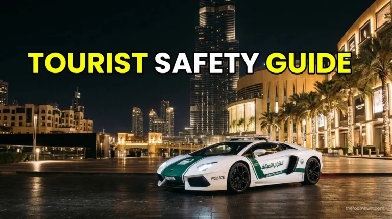 A luxury Dubai Police supercar parked near the Burj Khalifa, highlighting the exceptional safety and emergency contacts for tourists.