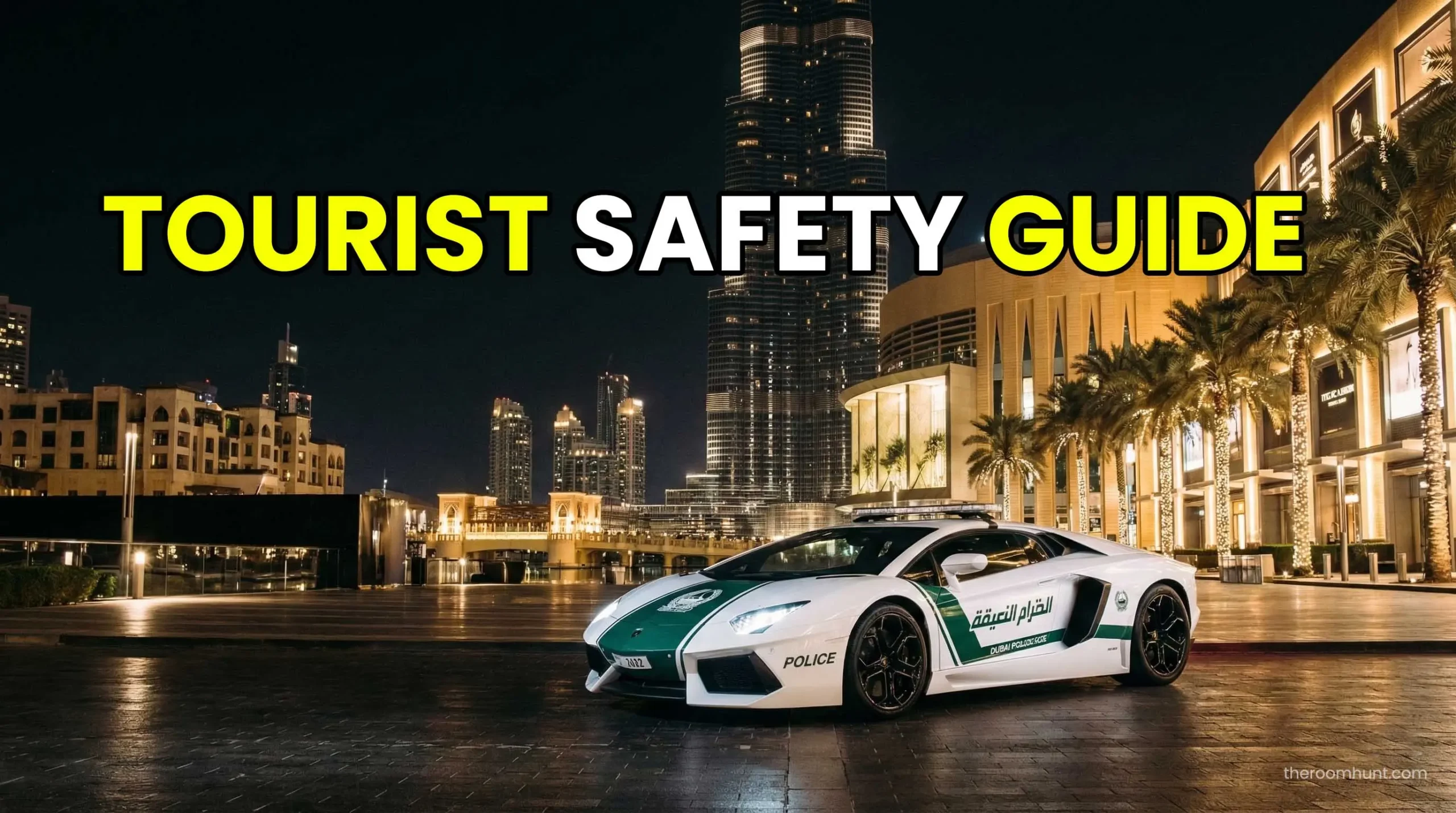 A luxury Dubai Police supercar parked near the Burj Khalifa, highlighting the exceptional safety and emergency contacts for tourists.