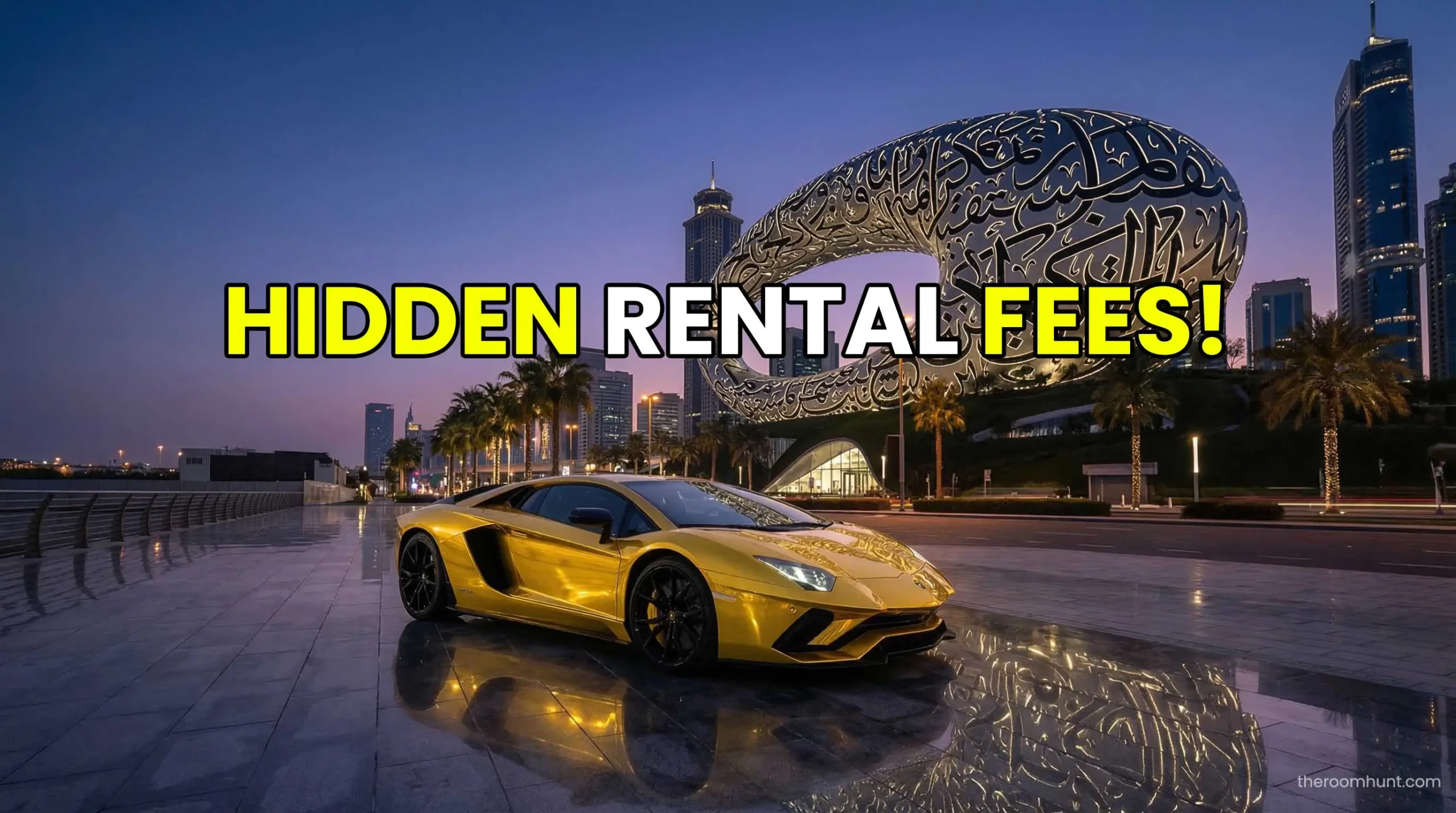 A yellow Lamborghini parked in Dubai, representing the true exotic car rental prices and hidden fees for 2026.