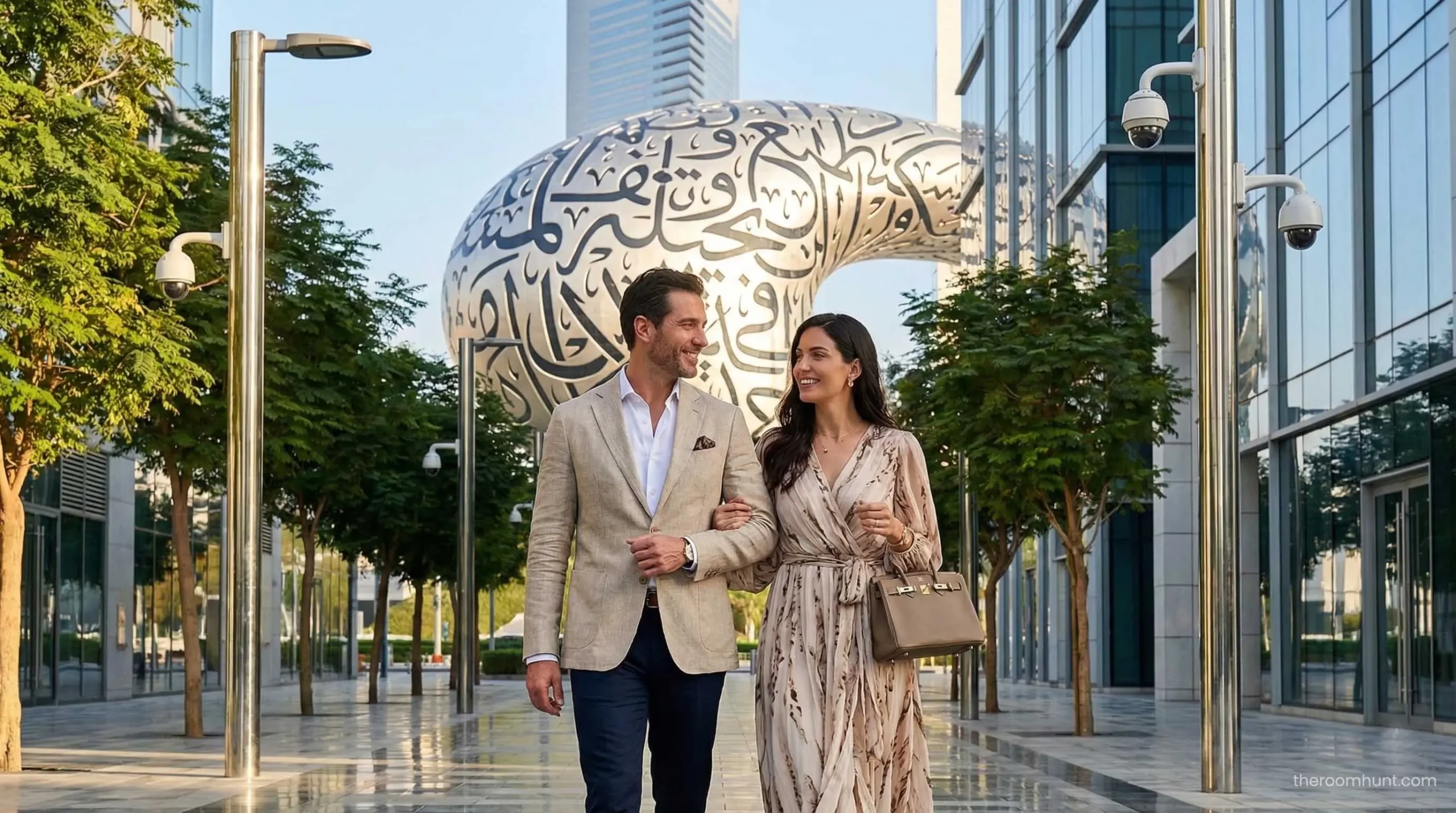Tourists confidently walking in hyper-secure areas of Dubai, highlighting the exceptional emergency contacts and safety measures in the city.