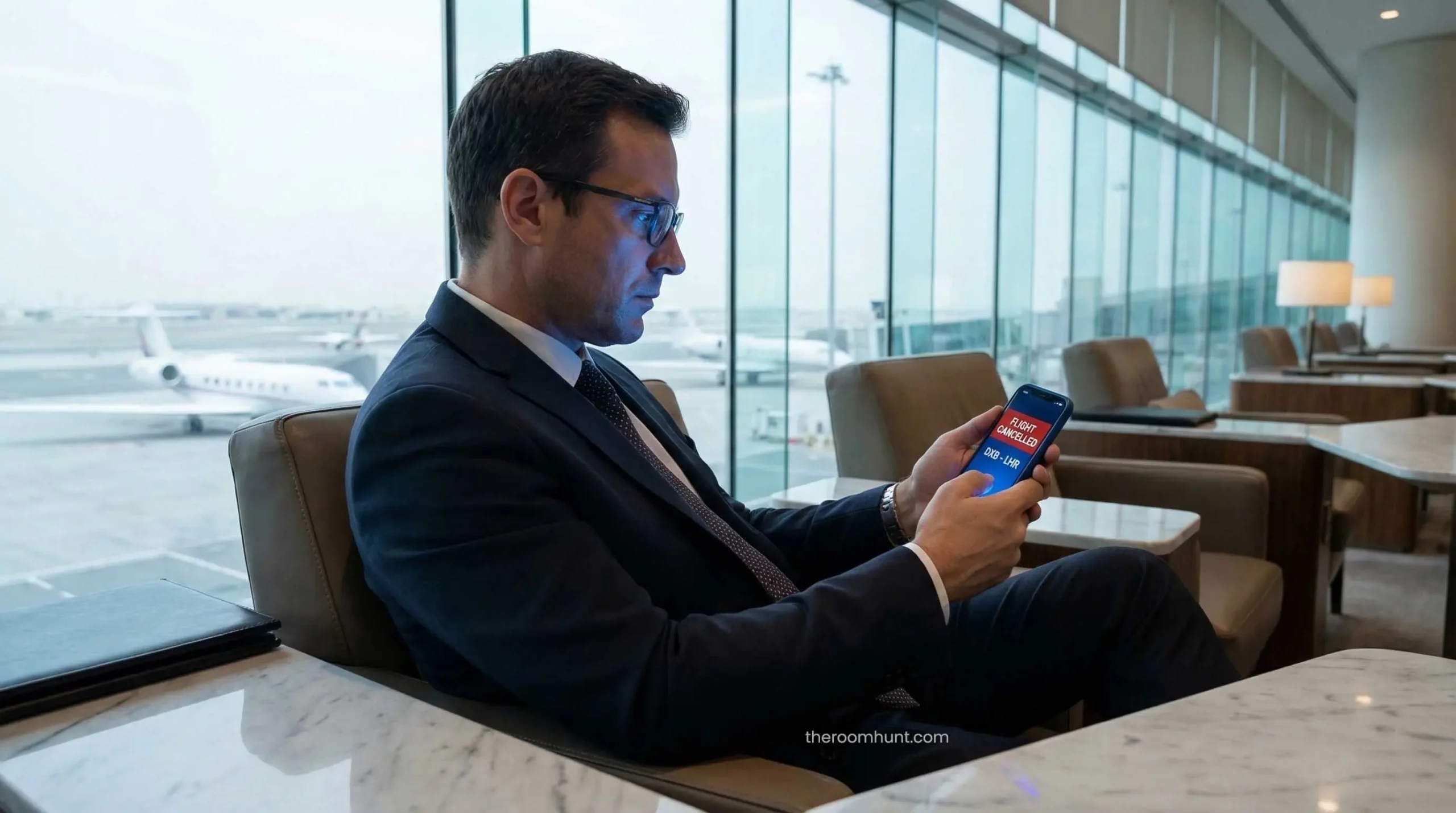 A VIP traveler checking Emirates flight cancellation updates on a smartphone in a luxury Dubai airport lounge.