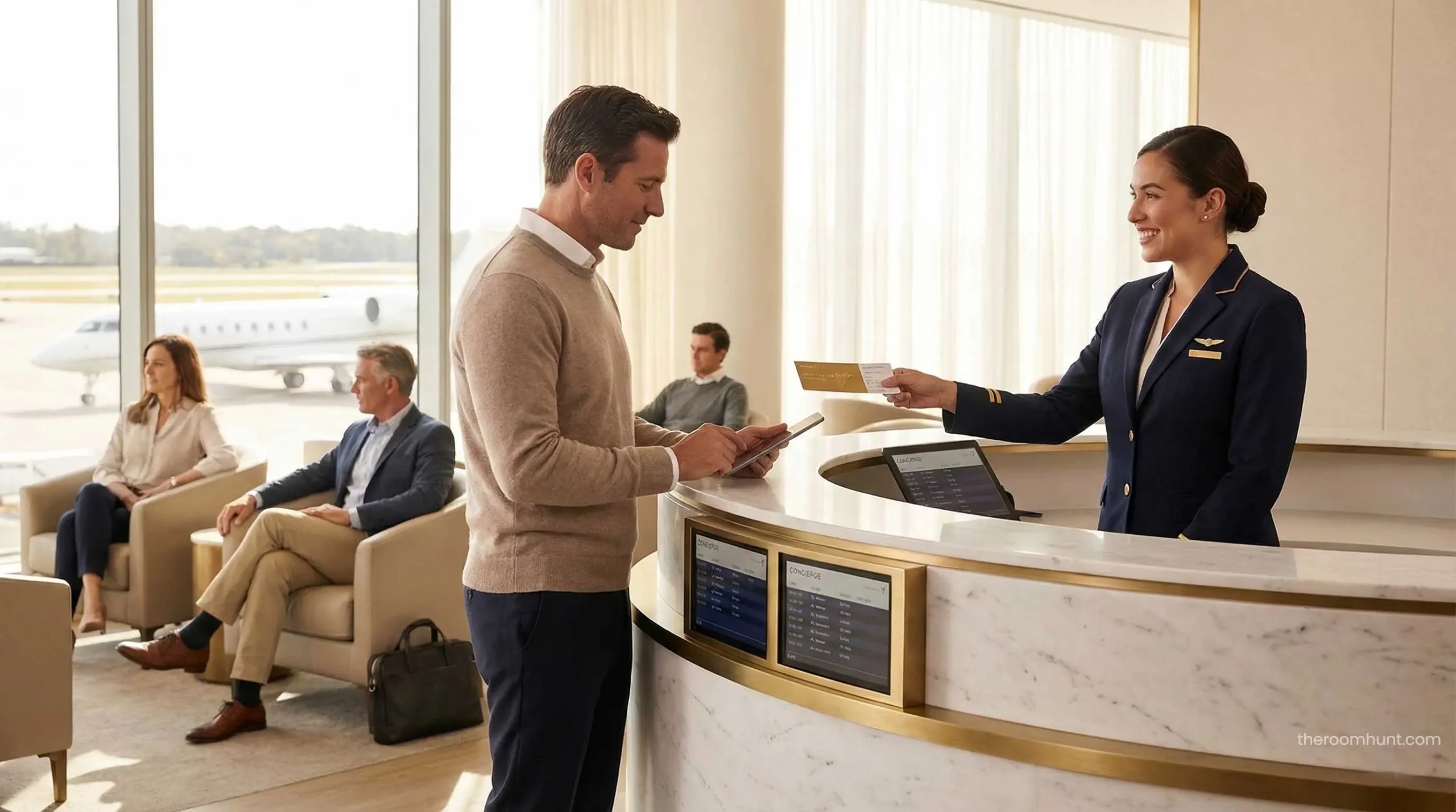 A luxury airline concierge assisting a passenger with Flydubai and Emirates flight rerouting and cash refunds.