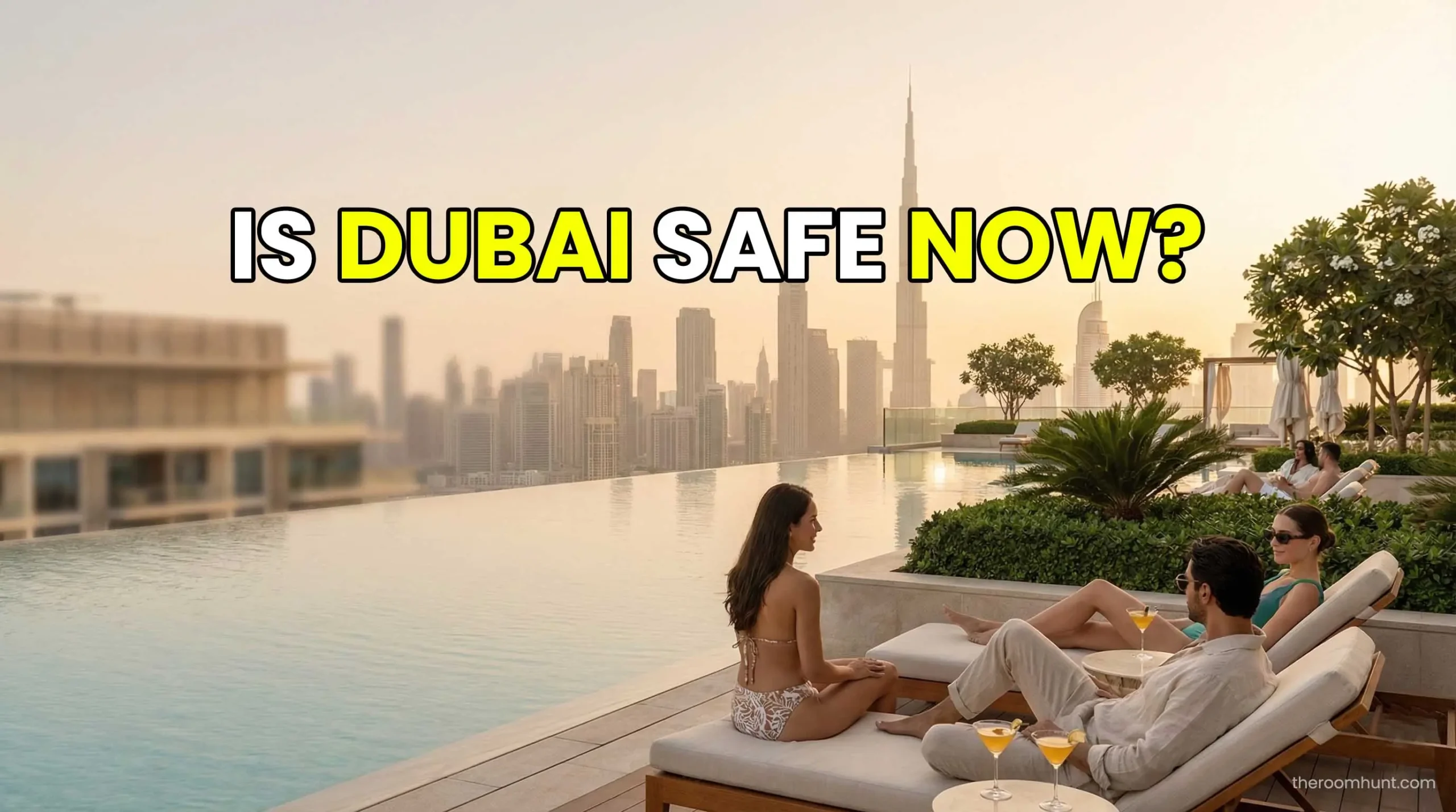 A peaceful luxury resort in Dubai during golden hour, proving it is extremely safe to visit Dubai right now despite regional tensions.