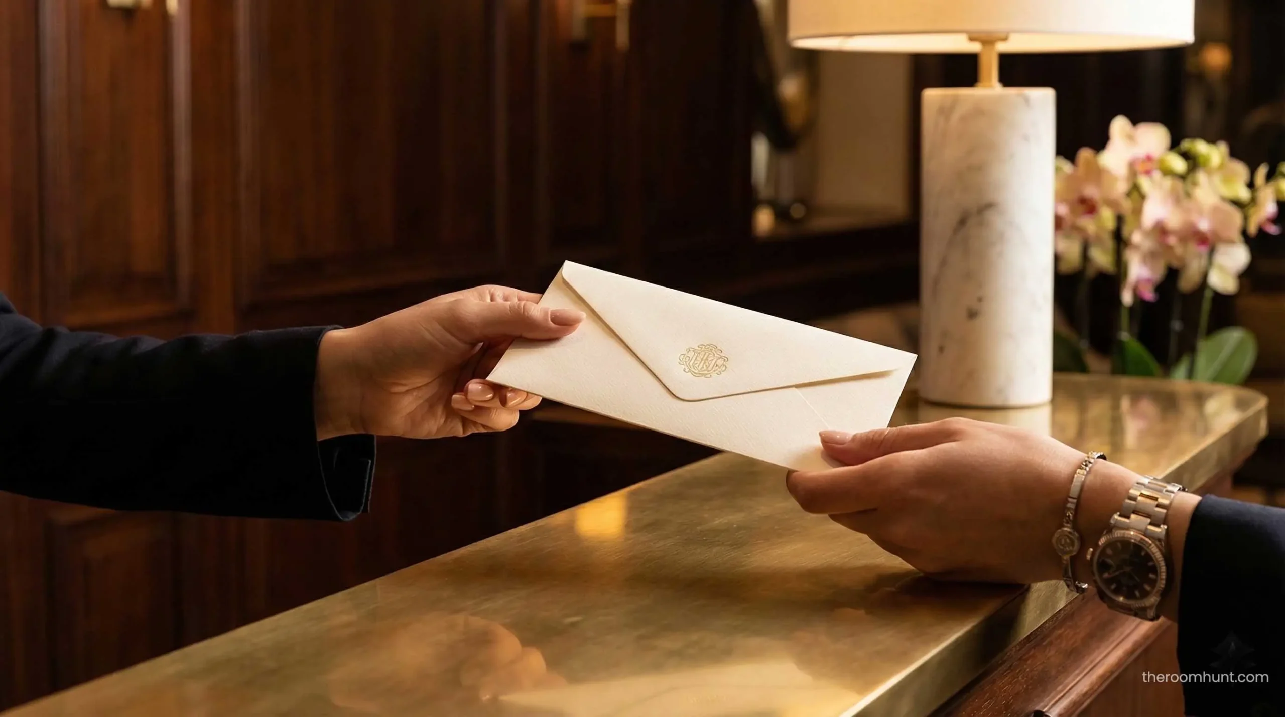 A VIP concierge desk handing over a room key, emphasizing the benefits of booking Dubai luxury hotels directly.