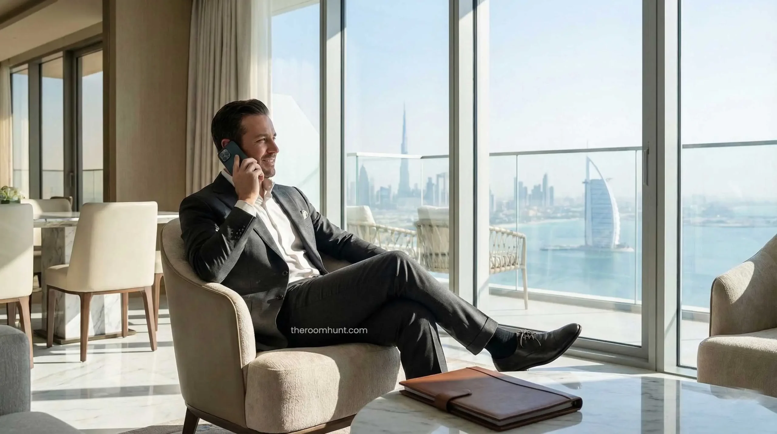 A VIP traveler negotiating a penalty-free hotel date change over the phone from a luxury suite in Dubai.