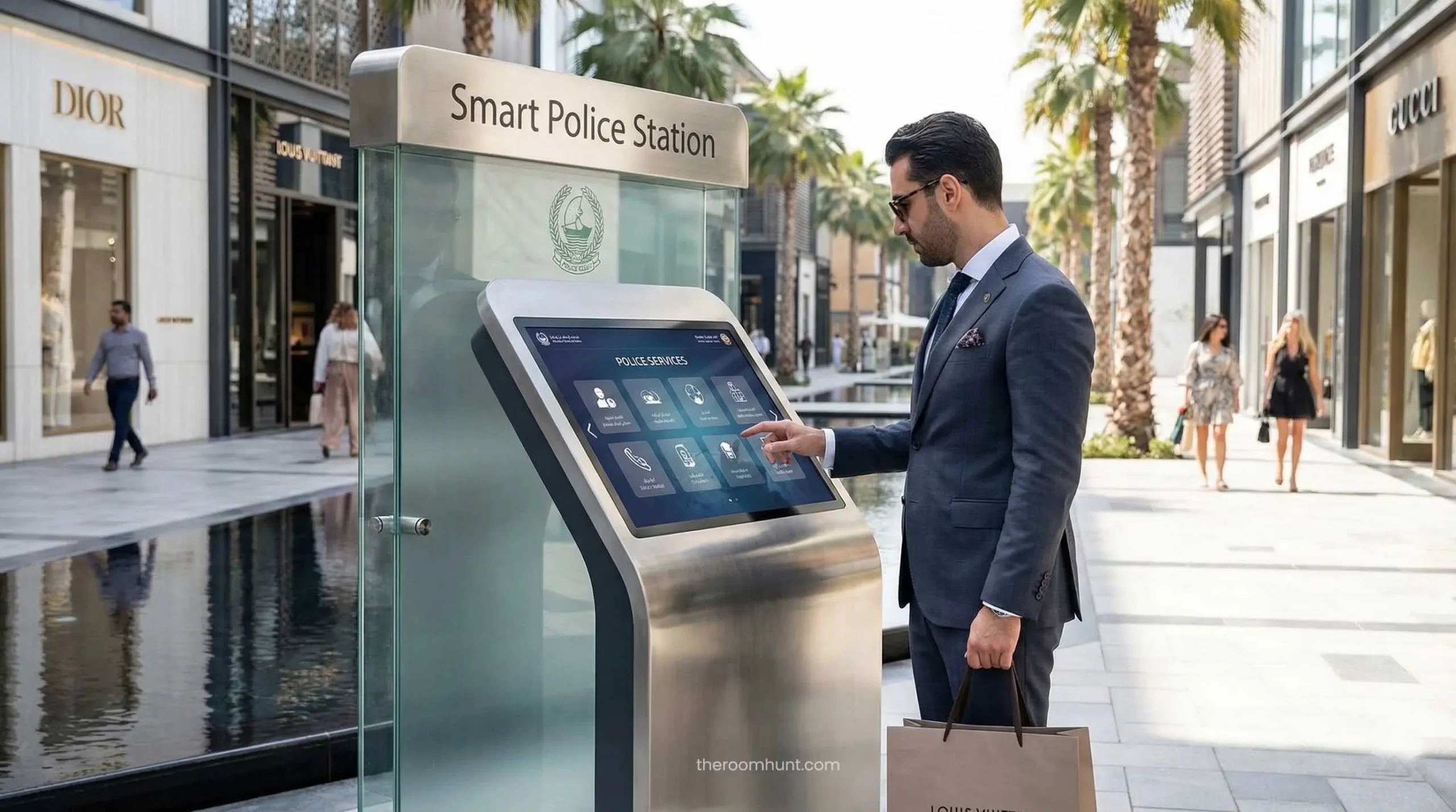 A tourist using a futuristic Smart Police Station (SPS) in Dubai to file a report quickly and safely.