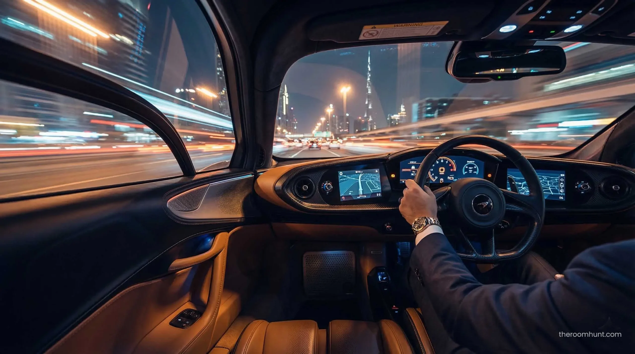 Driving an exotic rental supercar down Sheikh Zayed Road in Dubai at night, showing the high-end dashboard.