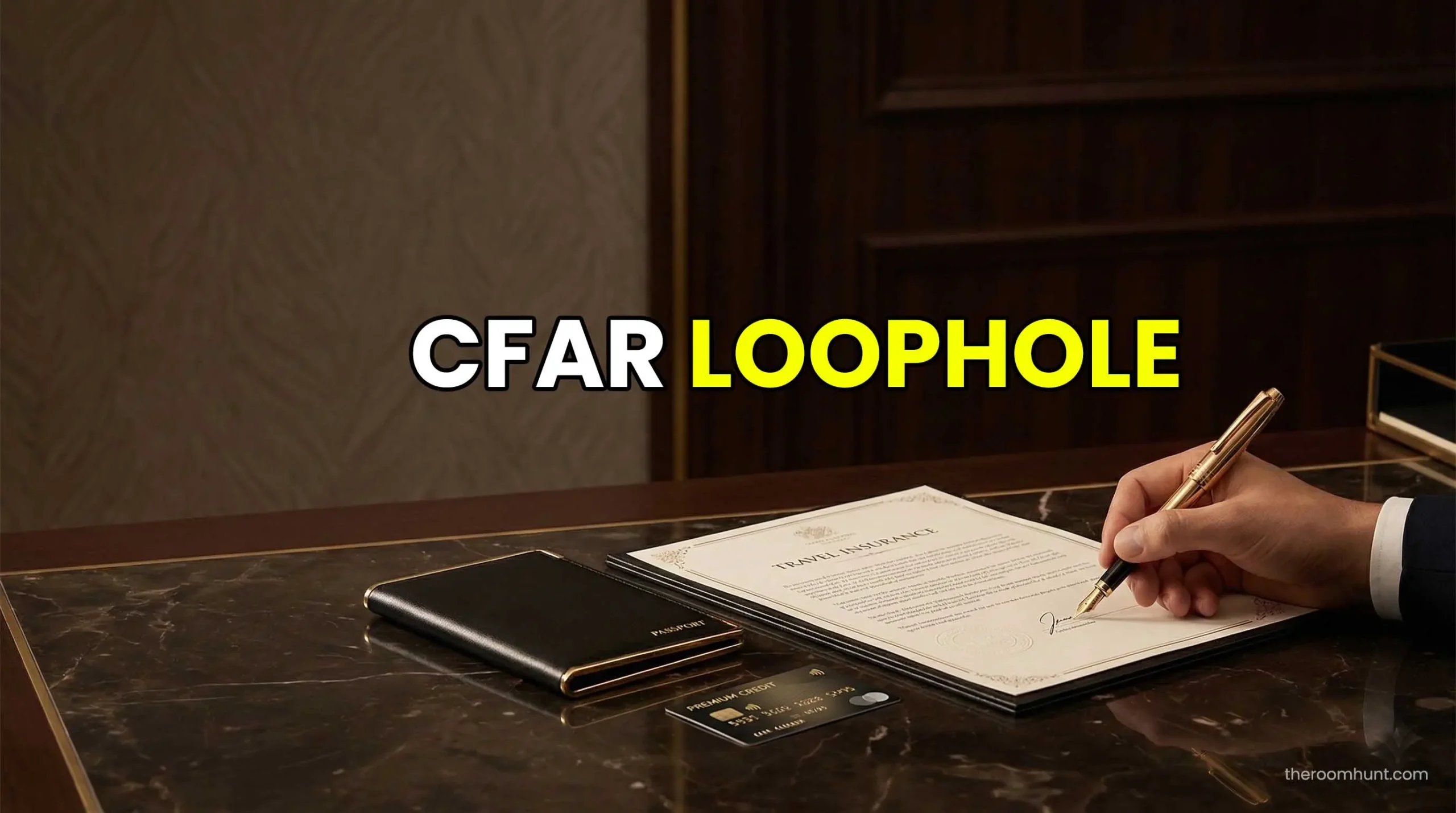 Signing a premium travel insurance policy with a gold pen, highlighting whether insurance covers war or conflict in the UAE.