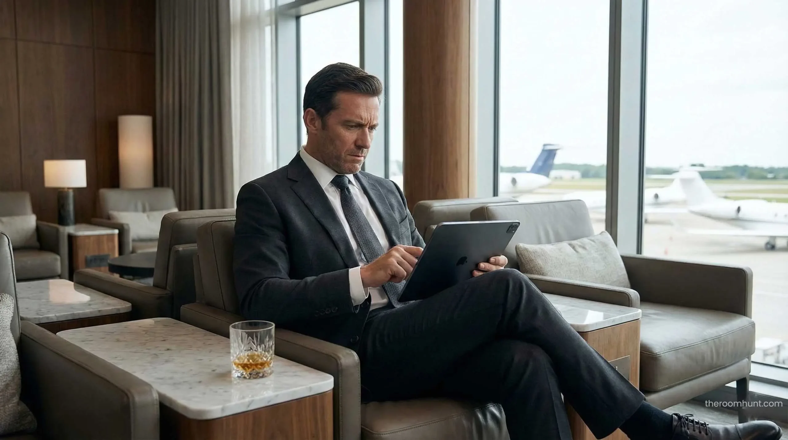 A VIP traveler checking their travel insurance policy for war and conflict coverage in a luxury airport lounge.